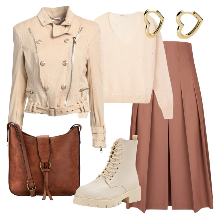Outfit donna - Total look #2053550. Stile Sporty chic per Tutti i giorni. Abbinamento con borse a tracolla, blazer, maglieria, anfibi, orecchini, gonne longuette.