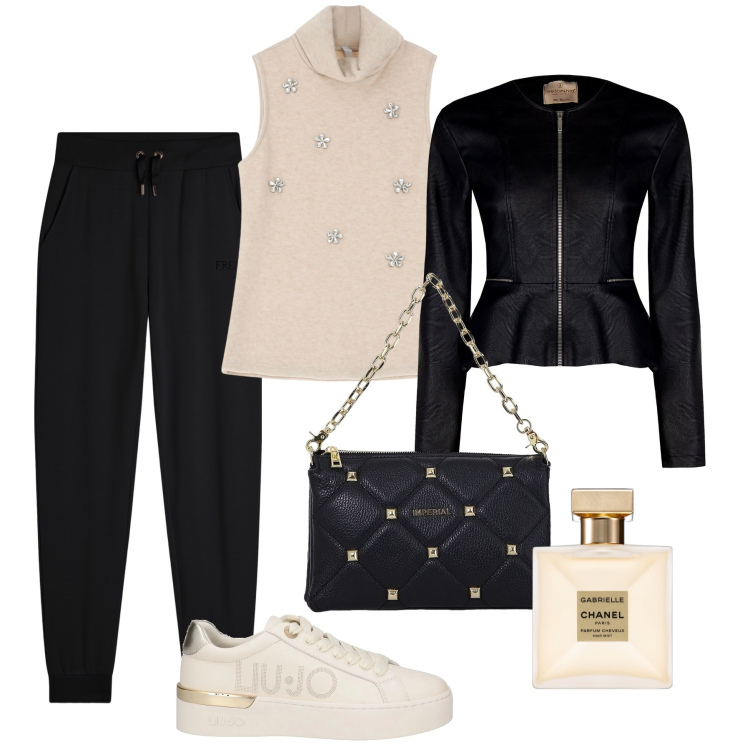 Outfit donna - Jogger, bar jacket e bijoux. Stile Sporty chic per Serata fuori. Abbinamento con sneakers, profumi, blazer, maglieria, borse a spalla, pantaloni.