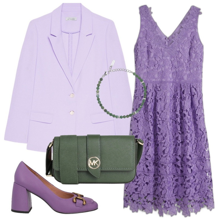 Outfit donna - Viola e verde per Pasqua. Stile Chic per Cerimonia. Abbinamento con vestiti, borse a tracolla, décolleté, braccialetti, blazer.