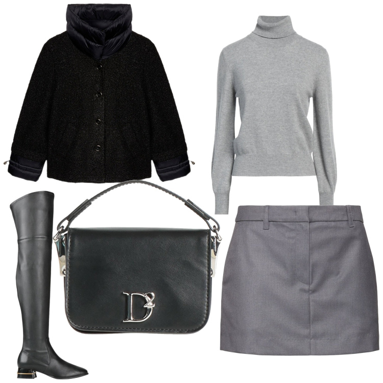Outfit donna - Serata D. Stile Casual chic per Serata fuori. Abbinamento con stivali sopra il ginocchio, maglieria, borse a mano, blazer, minigonne.