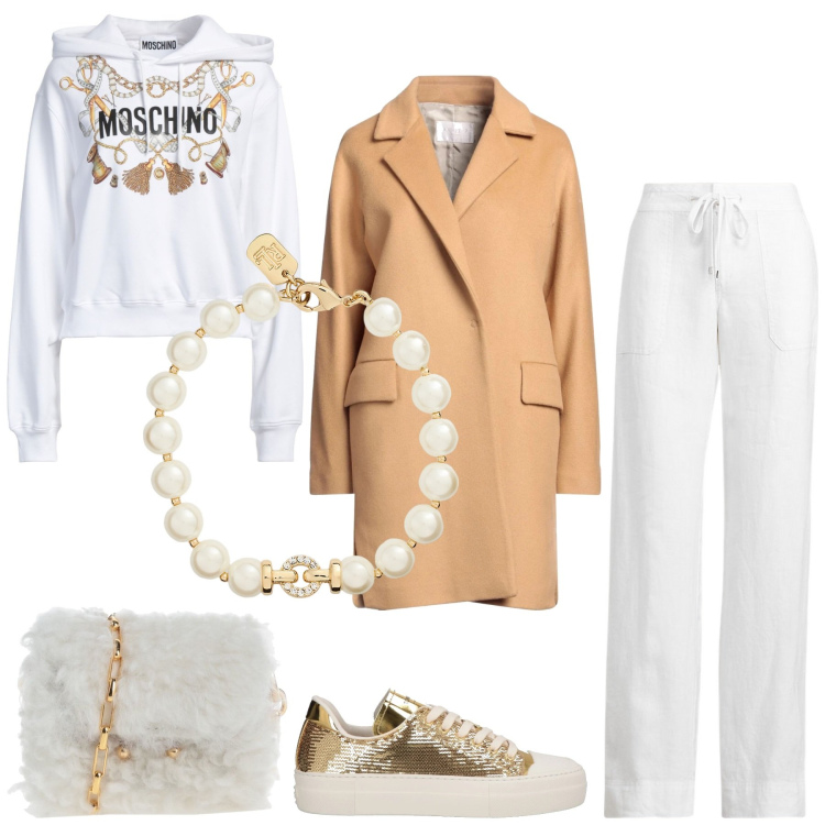 Outfit donna - Sporty. Stile Sporty chic per Tutti i giorni. Abbinamento con felpe con cappuccio, cappotti, borse a tracolla, sneakers, pantaloni, braccialetti.