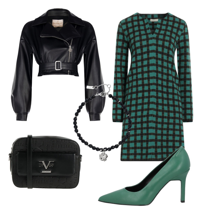 Outfit donna - Total look #2053567. Stile Trendy per Tutti i giorni. Abbinamento con décolleté, vestiti corti, borse a tracolla, braccialetti, giacche.