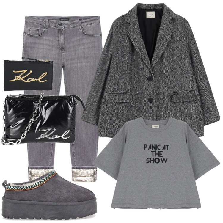 Outfit donna - Viola e verde per Pasqua. Stile Sporty chic per Tutti i giorni. Abbinamento con borse a mano, portafogli, blazer, t-shirt, pantofole, jeans skinny.