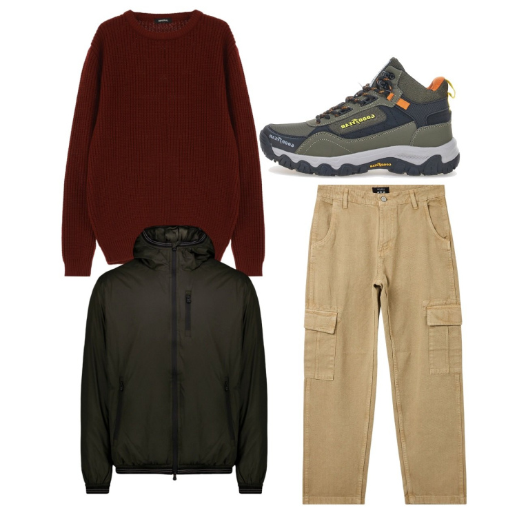 Outfit uomo - Stile utility. Stile Urban per Tutti i giorni. Abbinamento con pantaloni cargo, maglieria, stivali e stivaletti, giacche.