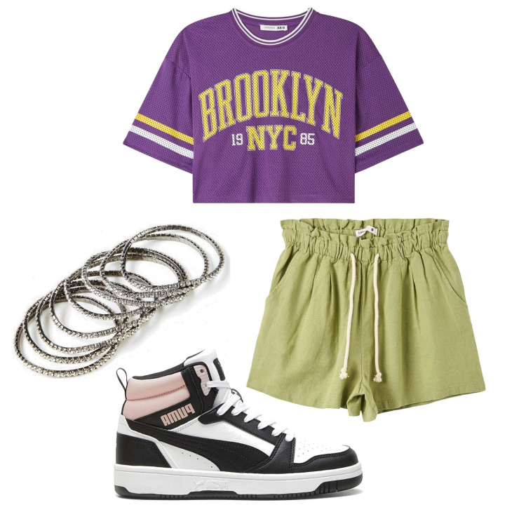 Outfit donna - Sneakers alte. Stile Urban per Sport. Abbinamento con braccialetti, shorts, t-shirt, sneakers alte.