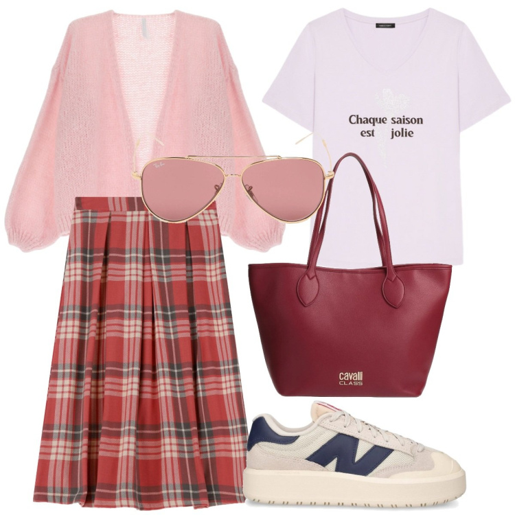 Outfit donna - Total look #2053583. Stile Sporty chic per Tutti i giorni. Abbinamento con borse a spalla, cardigans, gonne longuette, t-shirt, sneakers, occhiali da sole.