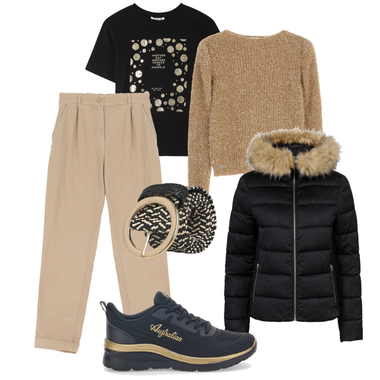 Outfit donna - Dettagli oro per tutti i giorni. Stile Casual per Tutti i giorni. Abbinamento con giacche, cinture, t-shirt, pantaloni chino, maglieria, sneakers.