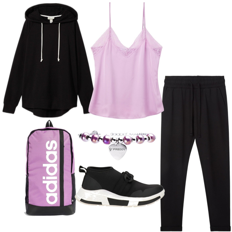 Outfit donna - Sportiva in glicine. Stile Basic per Sport. Abbinamento con felpe con cappuccio, sneakers, pantaloni, top, braccialetti, zaini.