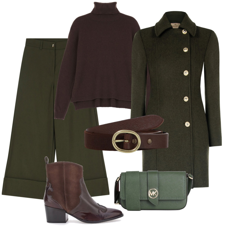 Outfit donna - Sfumature verde e marrone H24. Stile Casual chic per Tutti i giorni. Abbinamento con borse a tracolla, cappotti, maglieria, pantaloni, cinture, stivaletti texani.