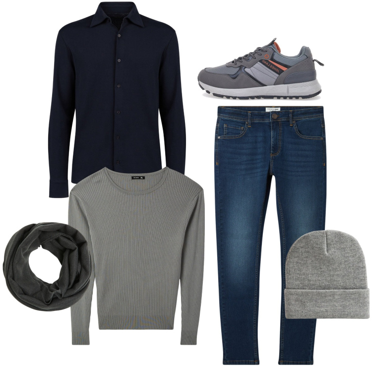 Outfit uomo - La camicia blu. Stile Casual per Tutti i giorni. Abbinamento con sciarpe, jeans skinny, berretti, maglieria, sneakers, polo.