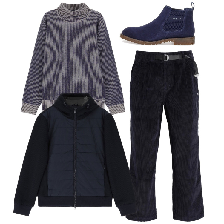 Outfit uomo - Freddo a febbraio. Stile Casual per Tutti i giorni. Abbinamento con pantaloni, maglieria, piumini, stivali e stivaletti.