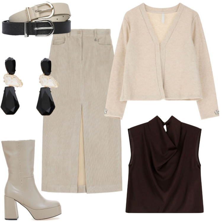 Outfit donna - Tono su tono. Stile Casual chic per Tutti i giorni. Abbinamento con cinture, gonne lunghe, orecchini, cardigans, top, stivali.