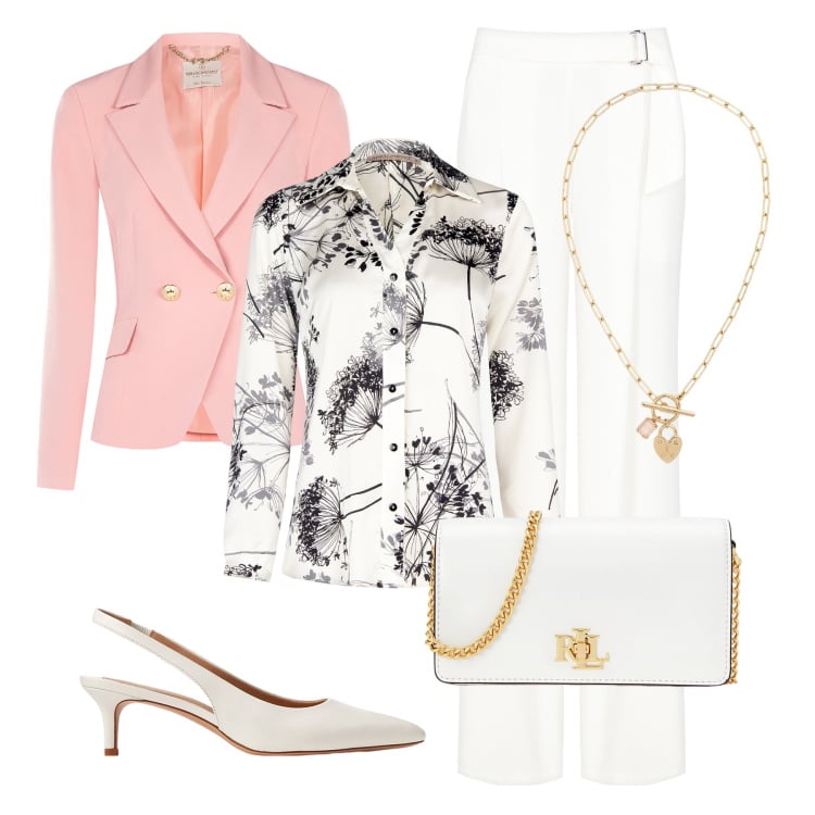 Outfit donna - Aspettando la primavera. Stile Chic per Tutti i giorni. Abbinamento con camicie, blazer, pantaloni, décolleté, borse a mano, collane.