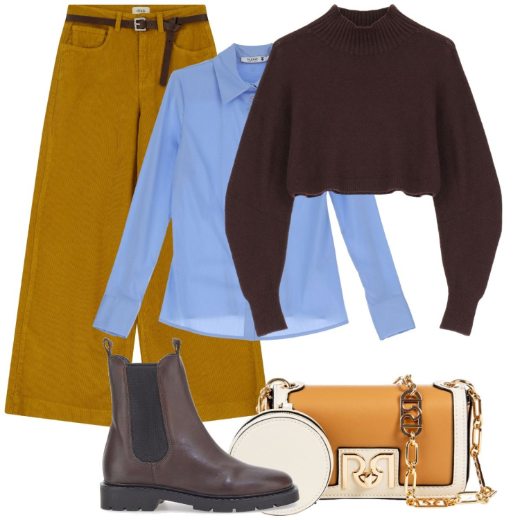 Outfit donna - Toni caldi. Stile Urban per Tutti i giorni. Abbinamento con camicie, pochette, maglieria, pantaloni, stivaletti chelsea.