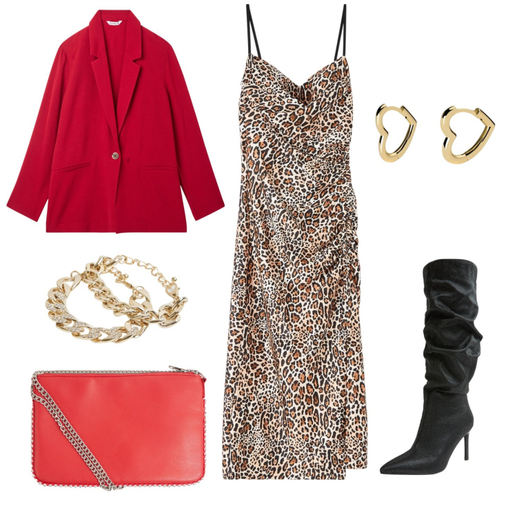 Outfit donna - Cuori ruggenti. Stile Sexy per Serata fuori. Abbinamento con blazer, borse a tracolla, vestiti, stivali, braccialetti, orecchini.