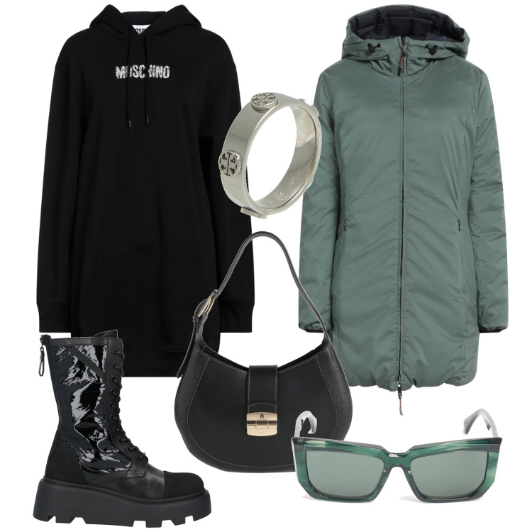 Outfit donna - Total look #2053629. Stile Urban per Tutti i giorni. Abbinamento con parka, anfibi, borse a mano, vestiti corti, anelli, occhiali da sole.