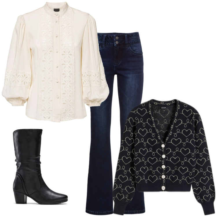 Outfit donna - A tutto cardigan!. Stile Bon Ton per Tutti i giorni. Abbinamento con camicie, jeans bootcut, stivali, cardigans.