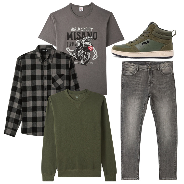 Outfit uomo - Layering fine settimana. Stile Casual per Tutti i giorni. Abbinamento con jeans skinny, t-shirt, felpe, camicie, sneakers.