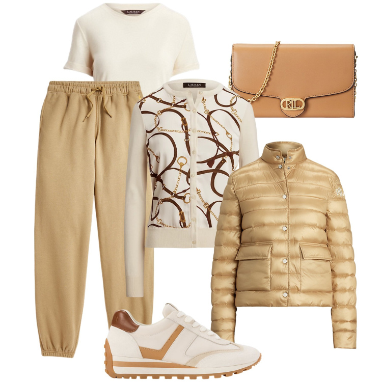Outfit donna - Luxury athleisure per ogni occasione. Stile Sporty chic per Tutti i giorni. Abbinamento con sneakers, piumini, cardigans, pantaloni sportivi, borse a tracolla, t-shirt.