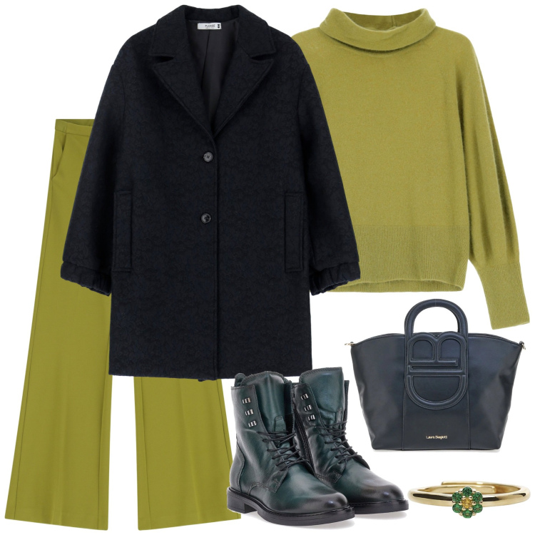 Outfit donna - Verde Oliva e Blu. Stile Urban per Tutti i giorni. Abbinamento con anelli, cappotti, pantaloni, maglieria, anfibi, borse a tracolla.