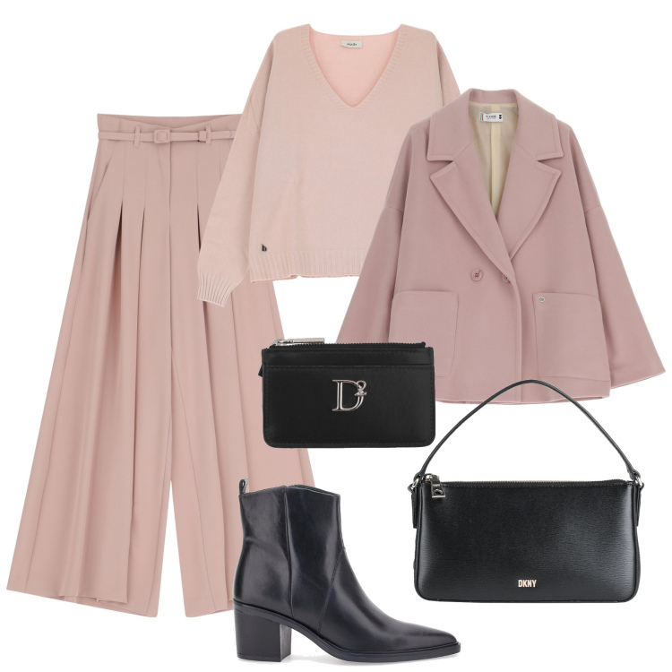 Outfit donna - Toni rosa e nero da mattina a sera. Stile Glamour per Tutti i giorni. Abbinamento con borse a mano, portafogli, blazer, pantaloni, maglieria, stivaletti.