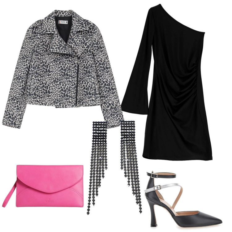 Outfit donna - pink & animalier. Stile Glamour per Serata fuori. Abbinamento con borse a mano, blazer, vestiti asimmetrici, orecchini, décolleté.