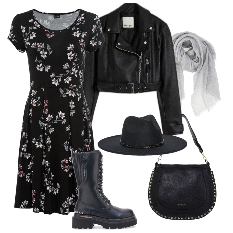 Outfit donna - Pomeriggio boho biker. Stile Boho per Tutti i giorni. Abbinamento con vestiti, blazer, borse a spalla, anfibi, foulard, cappelli.