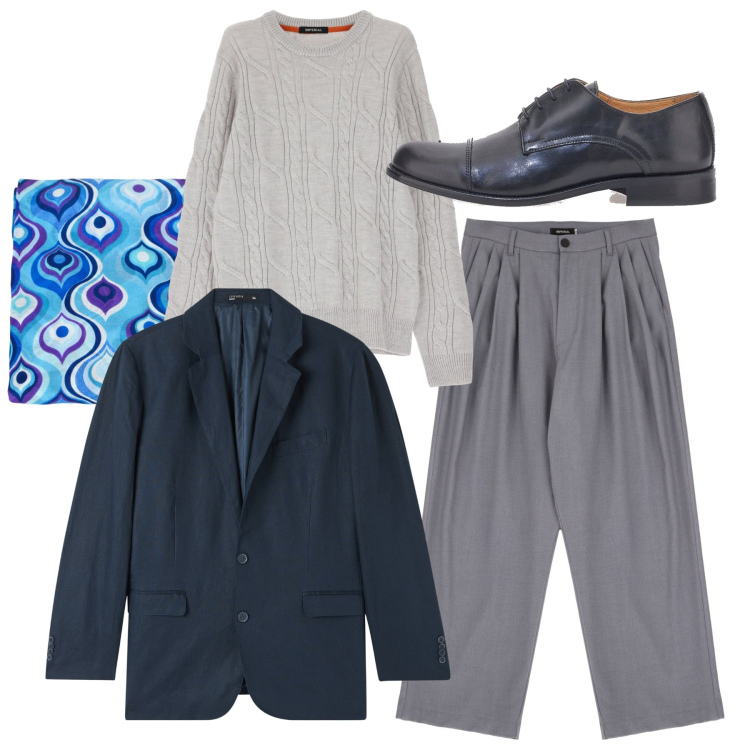 Outfit uomo - Over. Stile Trendy per Serata speciale. Abbinamento con giacche, pantaloni, sciarpe, maglieria, scarpe stringate.