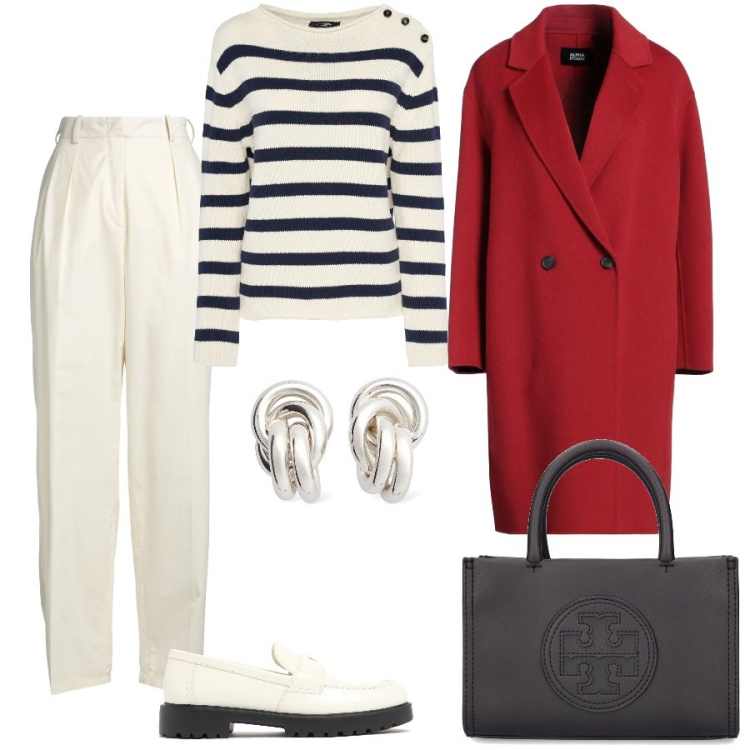 Outfit donna - Un evergreen. Stile Casual chic per Ufficio. Abbinamento con cappotti, pantaloni, shopping bag, orecchini, mocassini, maglieria.