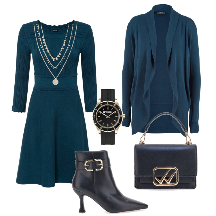 Outfit donna - Ufficio petrolio. Stile Glamour per Ufficio. Abbinamento con vestiti, cardigans, collane, orologi, stivaletti, borse a tracolla.