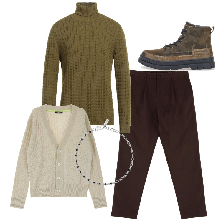Outfit uomo - Wood. Stile Casual per Tutti i giorni. Abbinamento con maglieria, braccialetti, pantaloni chino, cardigans, stivali e stivaletti.