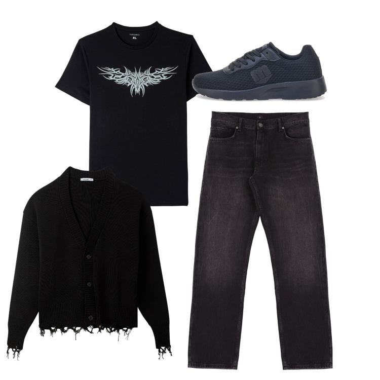 Outfit uomo - Tribal. Stile Urban per Serata speciale. Abbinamento con t-shirt, cardigans, jeans dritti, sneakers.