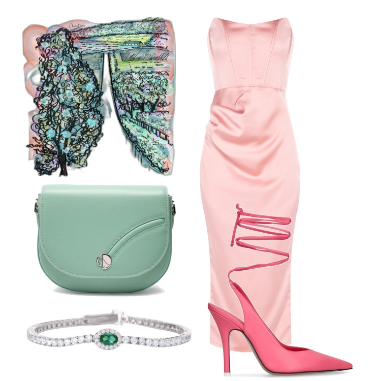 Outfit donna - Arte e moda. Stile Trendy per Cerimonia. Abbinamento con braccialetti, vestiti midi/longuette, foulard, décolleté, borse a tracolla.