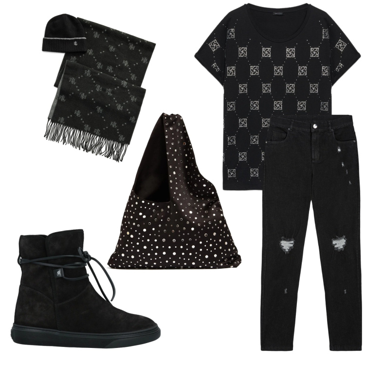 Outfit donna - Nero strass. Stile Glamour per Tutti i giorni. Abbinamento con stivaletti, sciarpe, jeans skinny, t-shirt, borse a spalla.