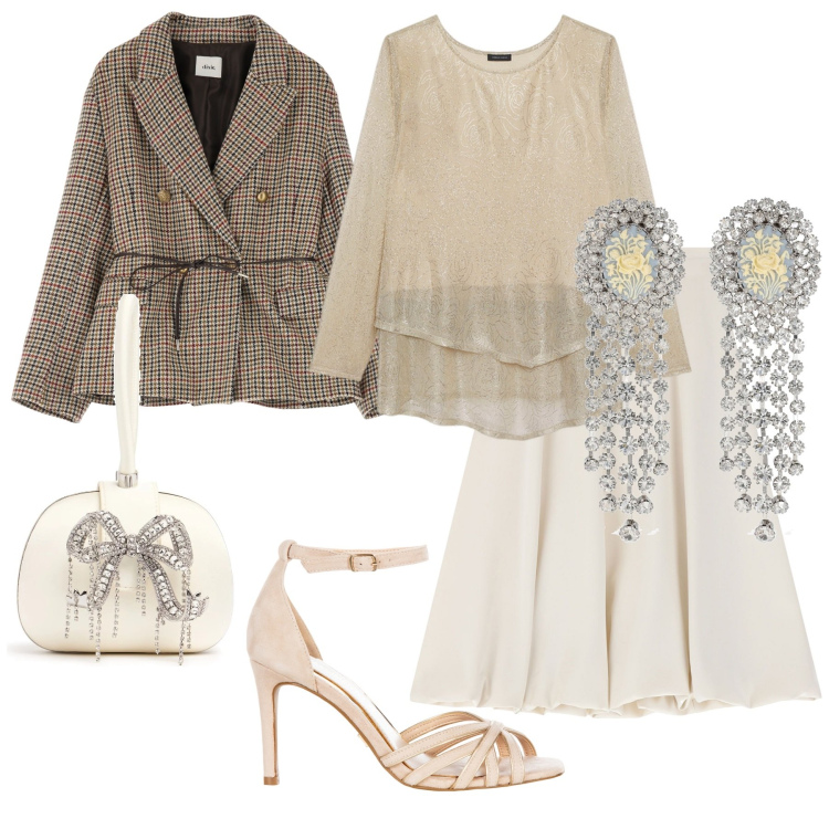 Outfit donna - Eleganza eterea. Stile Chic per Cerimonia. Abbinamento con sandali col tacco, gonne longuette, blazer, t-shirt, pochette, orecchini.