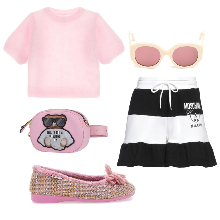 Outfit donna - Teen. Stile Casual per Tutti i giorni. Abbinamento con marsupi, shorts, t-shirt, pantofole, occhiali da sole.