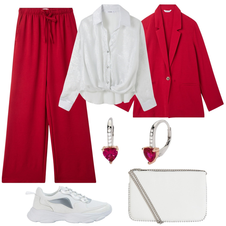 Outfit donna - Casual chic per San Valentino. Stile Casual chic per Tutti i giorni. Abbinamento con pantaloni, blazer, sneakers, camicie, borse a tracolla, orecchini.