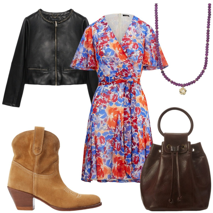Outfit donna - Stile boho biker : stivaletti marroni. Stile Boho per Tutti i giorni. Abbinamento con collane, stivaletti, borse a secchiello, vestiti, blazer.