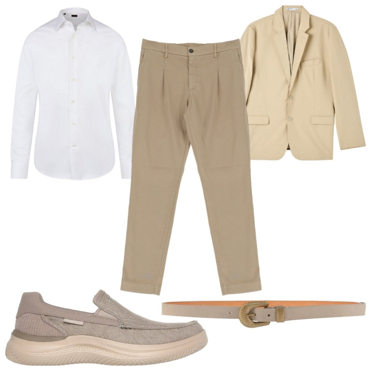 Outfit uomo - Tonalità neutre in ufficio. Stile Casual per Ufficio. Abbinamento con cinture, giacche, pantaloni chino, sneakers, camicie.