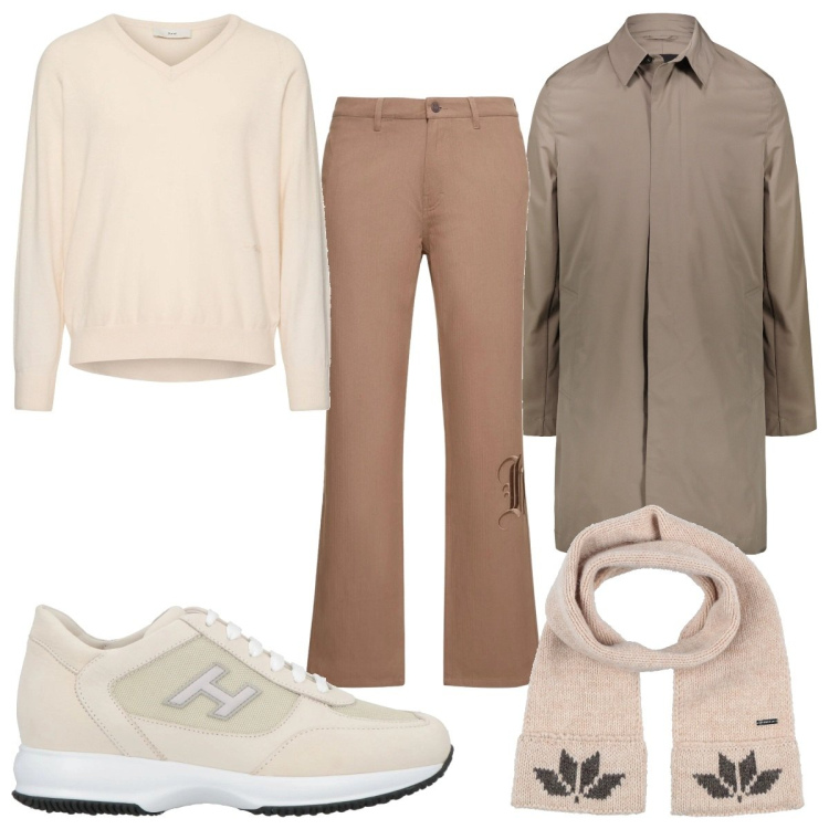 Outfit uomo - Il maglione color crema. Stile Trendy per Tutti i giorni. Abbinamento con sciarpe, sneakers, giacche, pantaloni, pullovers.