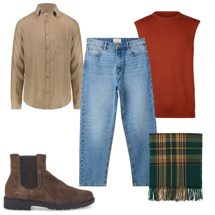 Outfit uomo - Un gilet in ufficio. Stile Trendy per Ufficio. Abbinamento con jeans, sciarpe, stivali e stivaletti, camicie, gilet.