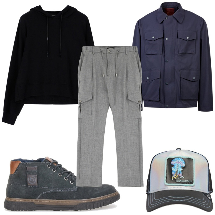 Outfit uomo - Stile utility : pantaloni cargo. Stile Trendy per Tutti i giorni. Abbinamento con pantaloni cargo, felpe con cappuccio, scarpe stringate, cappelli, giacche.