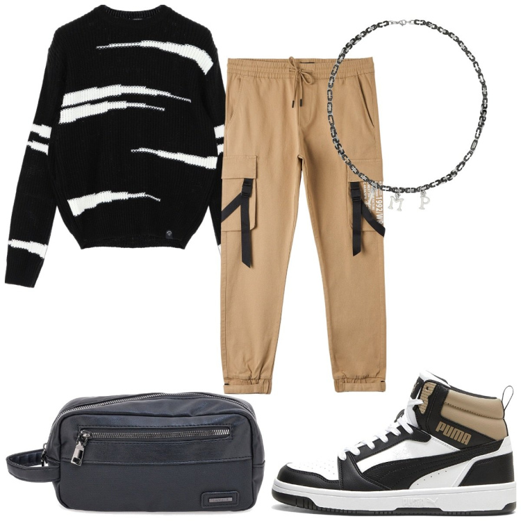 Outfit uomo - Stile utility urban. Stile Urban per Tutti i giorni. Abbinamento con pantaloni cargo, maglieria, collane, borse sportive, sneakers alte.