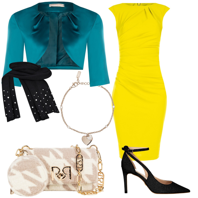 Outfit donna - Colorato Rinascimento. Stile Glamour per Serata fuori. Abbinamento con braccialetti con ciondoli, vestiti a tubino, bolero, décolleté, sciarpe, borse a tracolla.