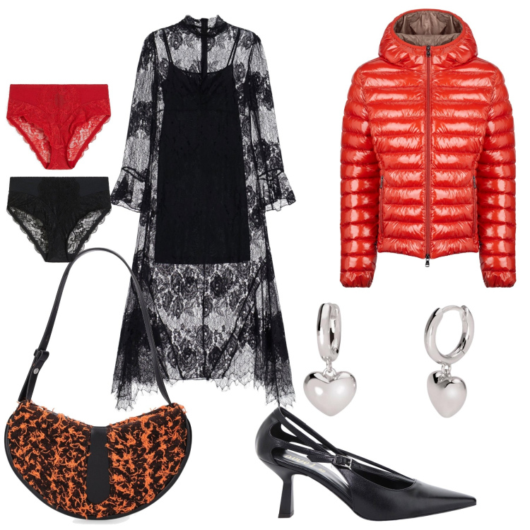 Outfit donna - Il piumino per San Valentino. Stile Glamour per Serata fuori. Abbinamento con culotte, orecchini, vestiti lunghi, décolleté, blazer, borse a spalla.