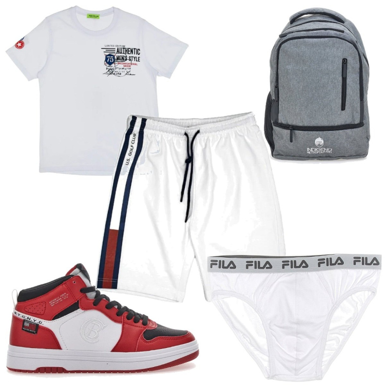 Outfit uomo - Total look #2053735. Stile Trendy per Sport. Abbinamento con t-shirt, pantaloni corti, sneakers, slip, borse sportive.