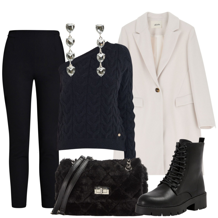 Outfit donna - Facile black and white. Stile Casual chic per Tutti i giorni. Abbinamento con orecchini, borse a spalla, anfibi, maglieria, pantaloni skinny, cappotti.