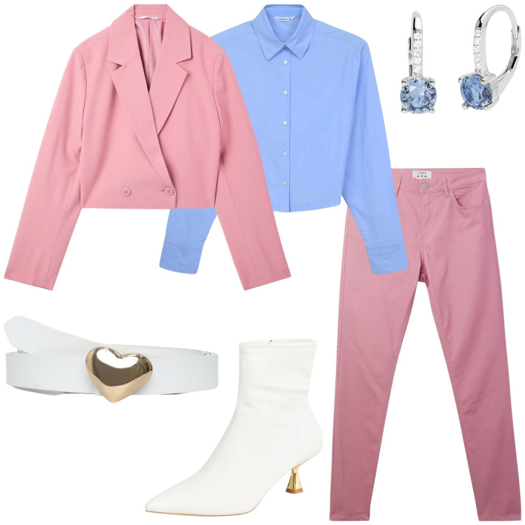 Outfit donna - Amore romantico. Stile Casual chic per Serata fuori. Abbinamento con stivaletti, cinture, blazer, camicie, pantaloni, orecchini.