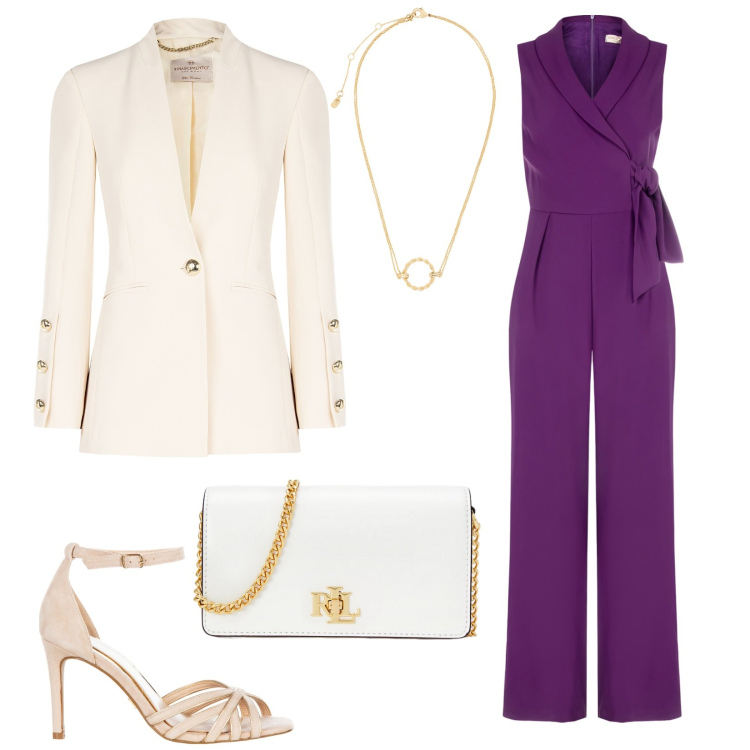 Outfit donna - La tuta. Stile Chic per Cerimonia. Abbinamento con tute, blazer, sandali col tacco, borse a mano, ciondoli.