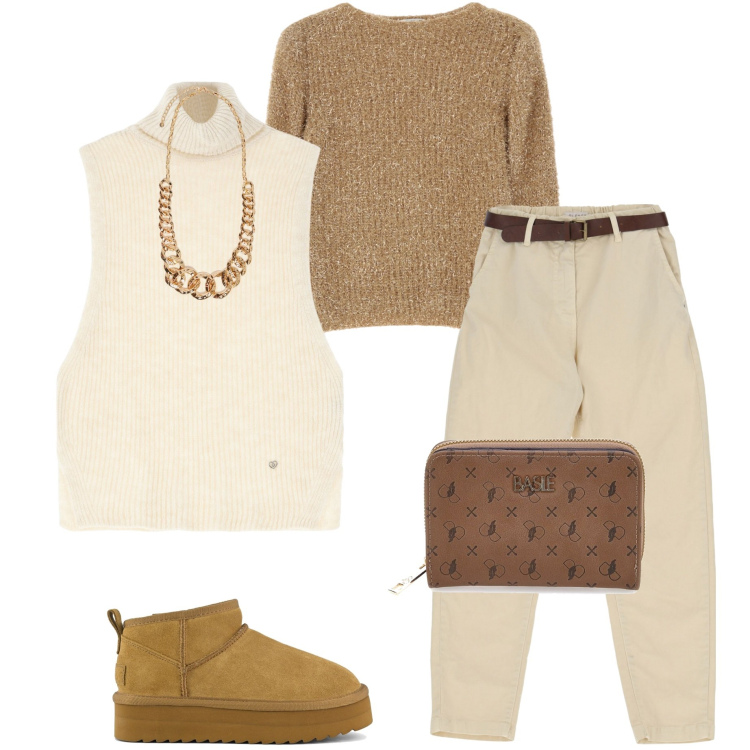 Outfit donna - A cena da amici. Stile Casual per Serata fuori. Abbinamento con maglieria, pantaloni, maglieria, stivaletti, portafogli, collane.